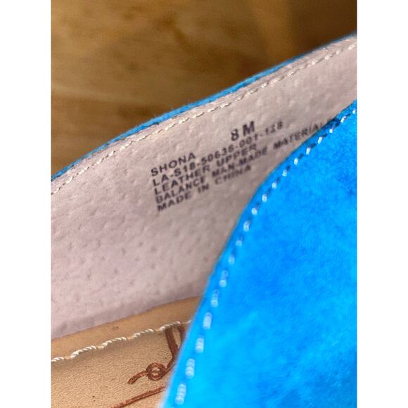 Anthropologie Latigo Shona Blue Suede Leather Ruffle Wedge Sandals Size 8M NWOB - Picture 10 of 12